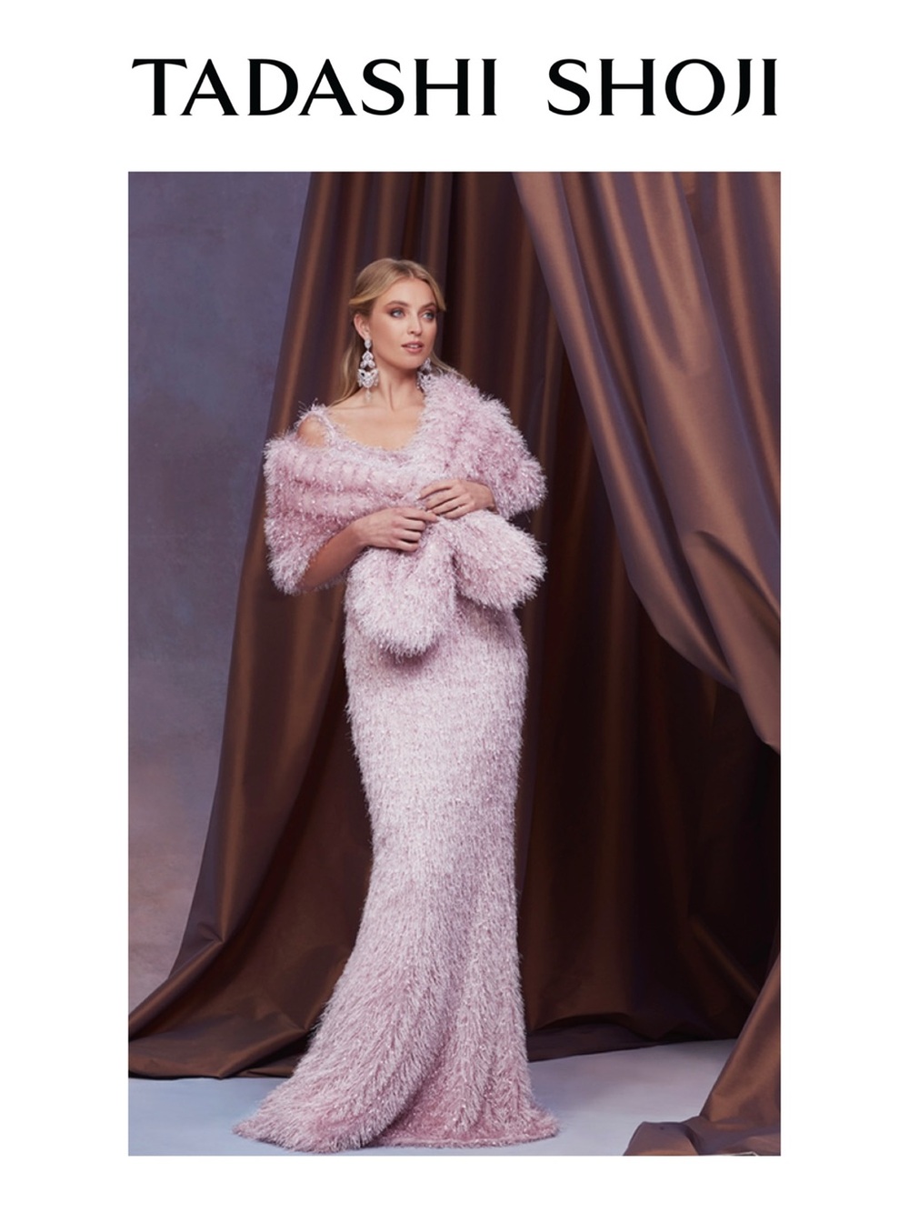 TADASHI SHOJI Pip Eyelash Yarn Spaghetti Strap Gown with Stole